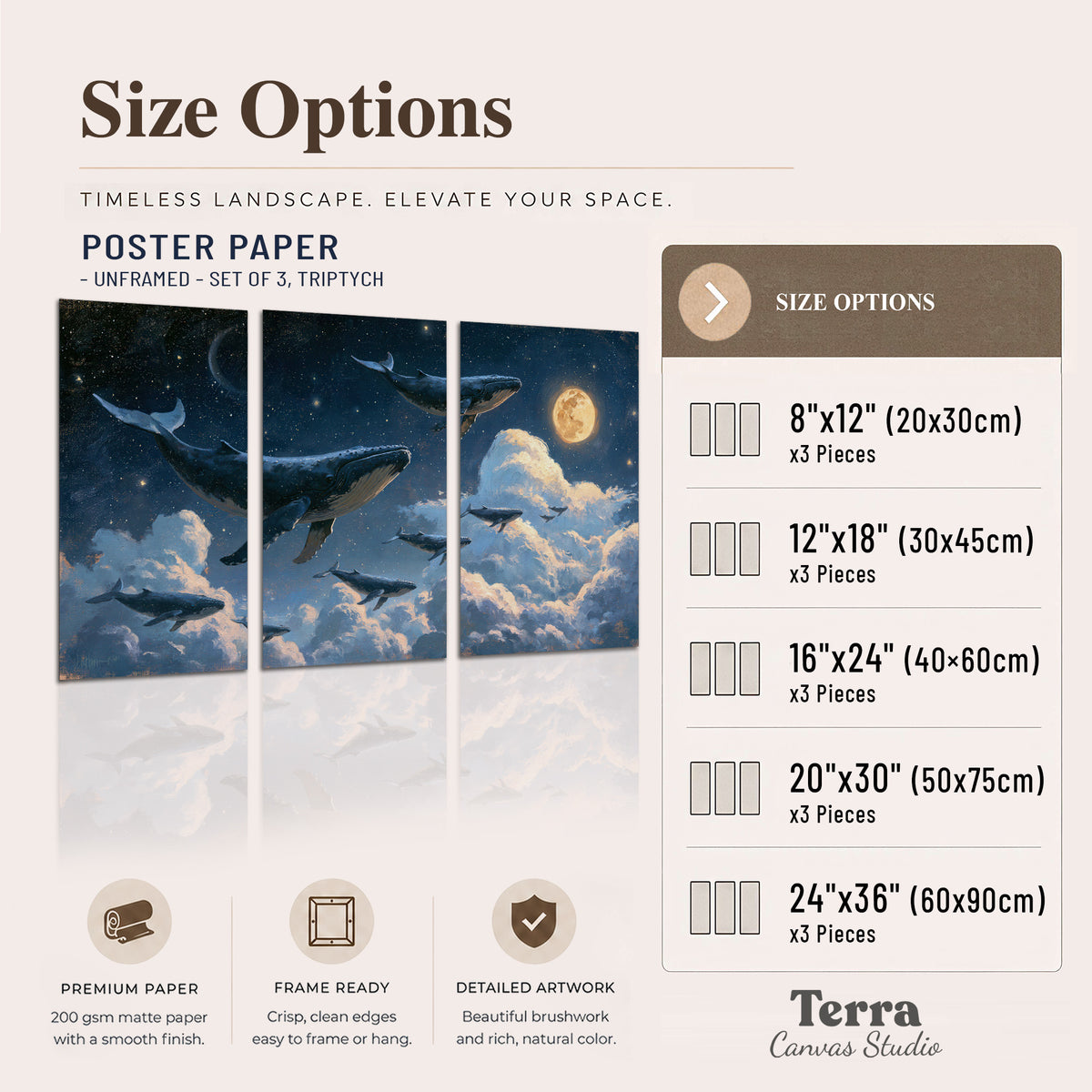 A group of whales floating among clouds beneath a golden moon in a deep blue night sky set of 3 poster prints available dimensions; triptych dimensions are per panel