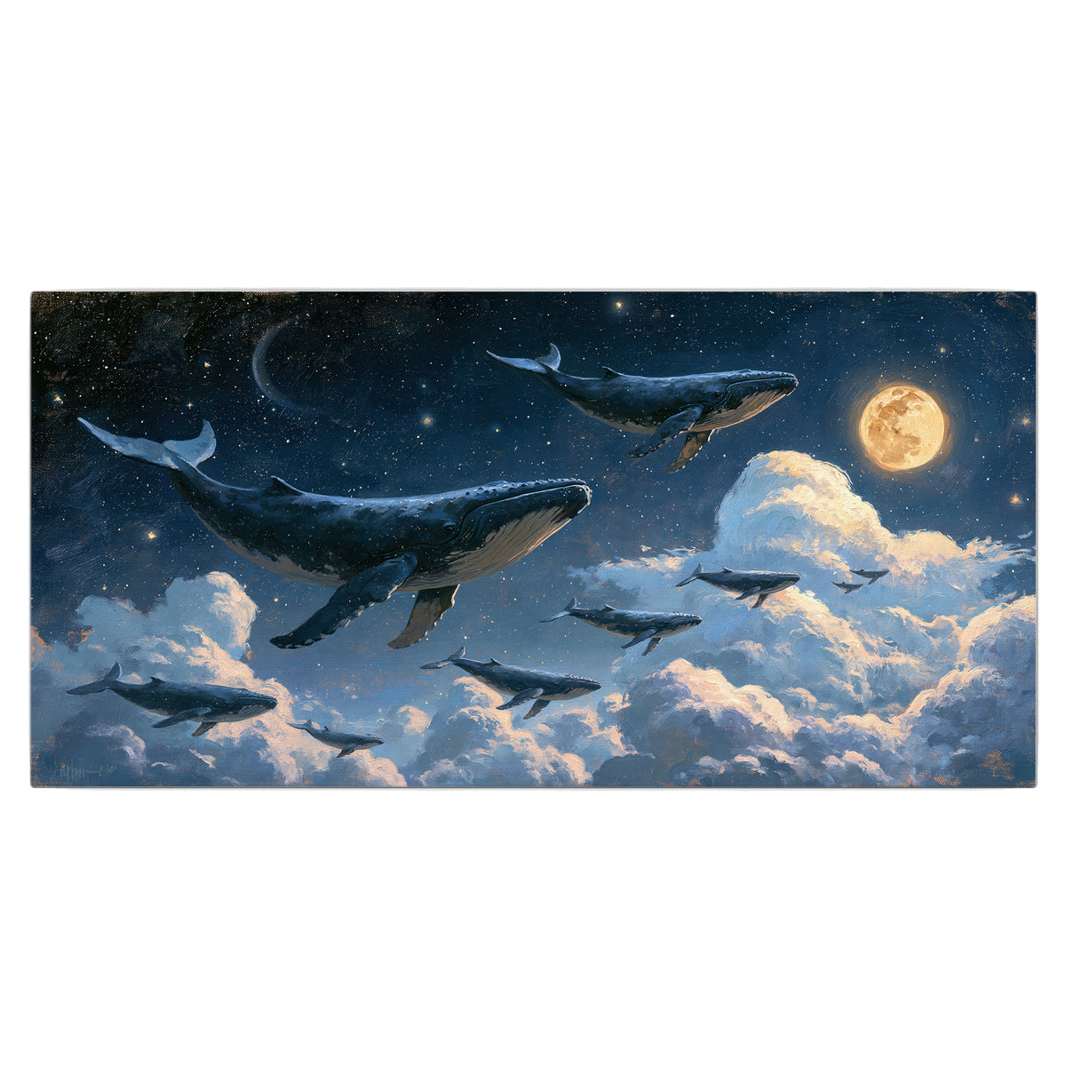 A group of whales floating among clouds beneath a golden moon in a deep blue night sky single canvas wall art viewed straight on