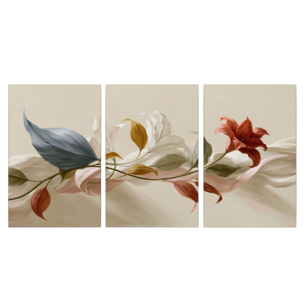 Ivory calla-like flowers and muted red accents curling across a cream background 3 piece canvas wall art viewed straight on