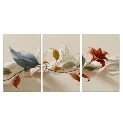 Ivory calla-like flowers and muted red accents curling across a cream background 3 piece canvas wall art viewed straight on