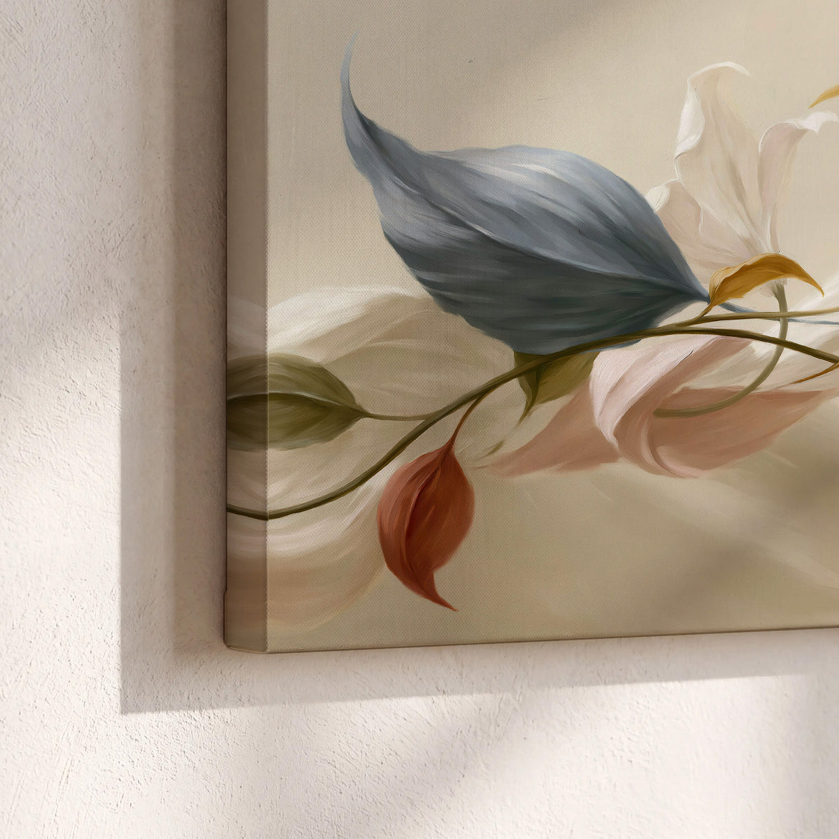 Ivory calla-like flowers and muted red accents curling across a cream background 3 piece canvas wall art material and edge close up