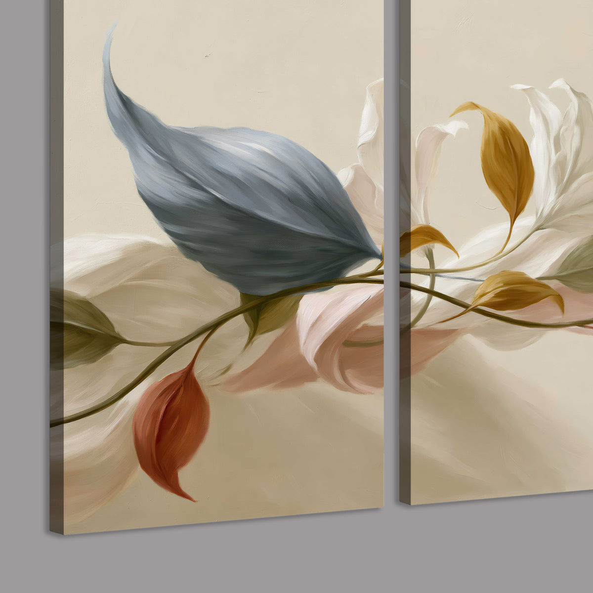 Ivory calla-like flowers and muted red accents curling across a cream background 3 piece canvas wall art room and product view