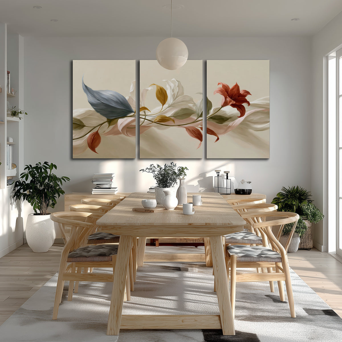 Ivory calla-like flowers and muted red accents curling across a cream background 3 piece canvas wall art room and product view