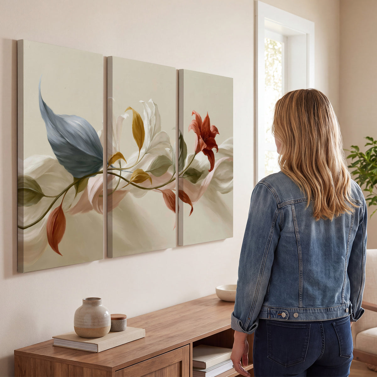 Ivory calla-like flowers and muted red accents curling across a cream background 3 piece canvas wall art three panel arrangement on a wall