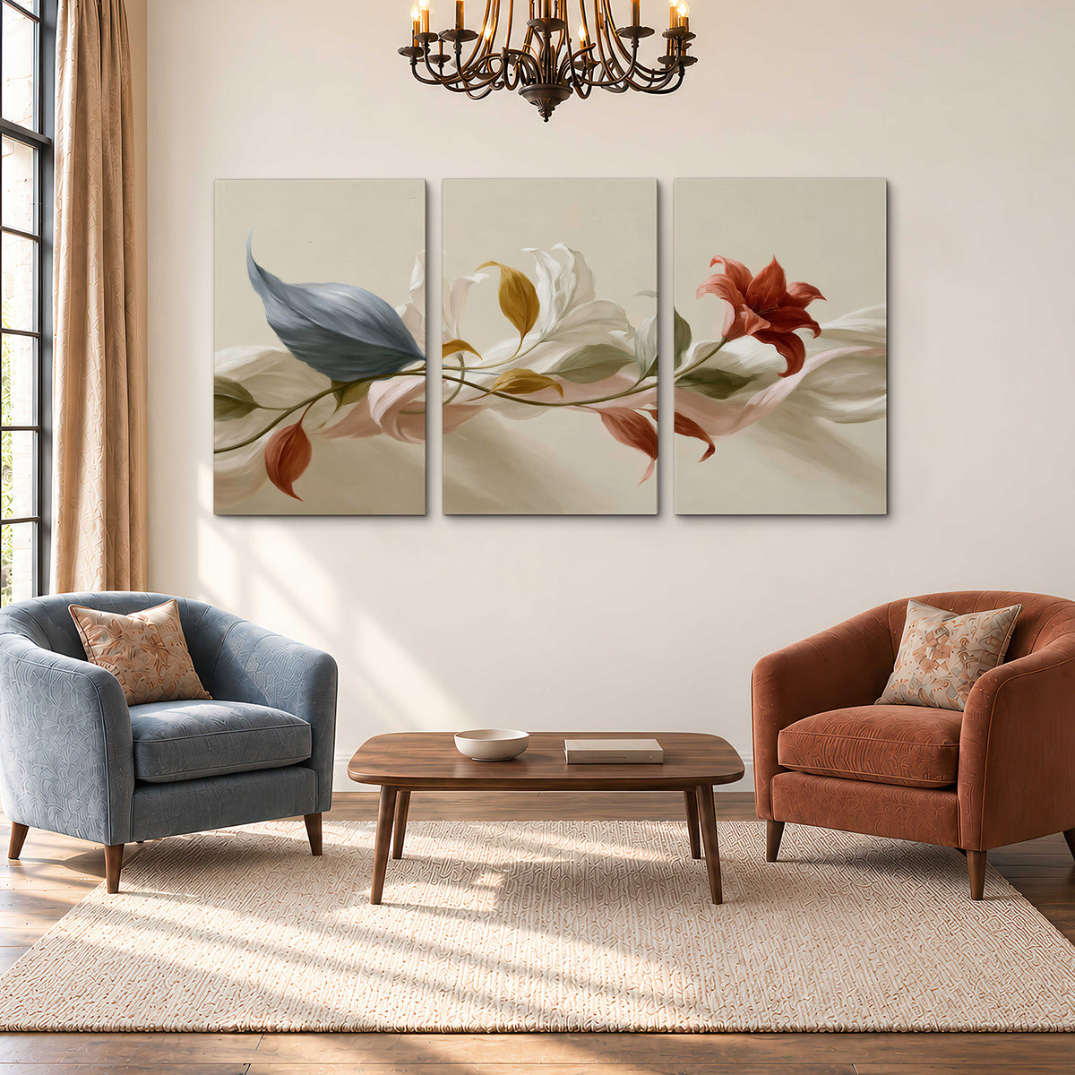Ivory calla-like flowers and muted red accents curling across a cream background 3 piece canvas wall art styled in an interior