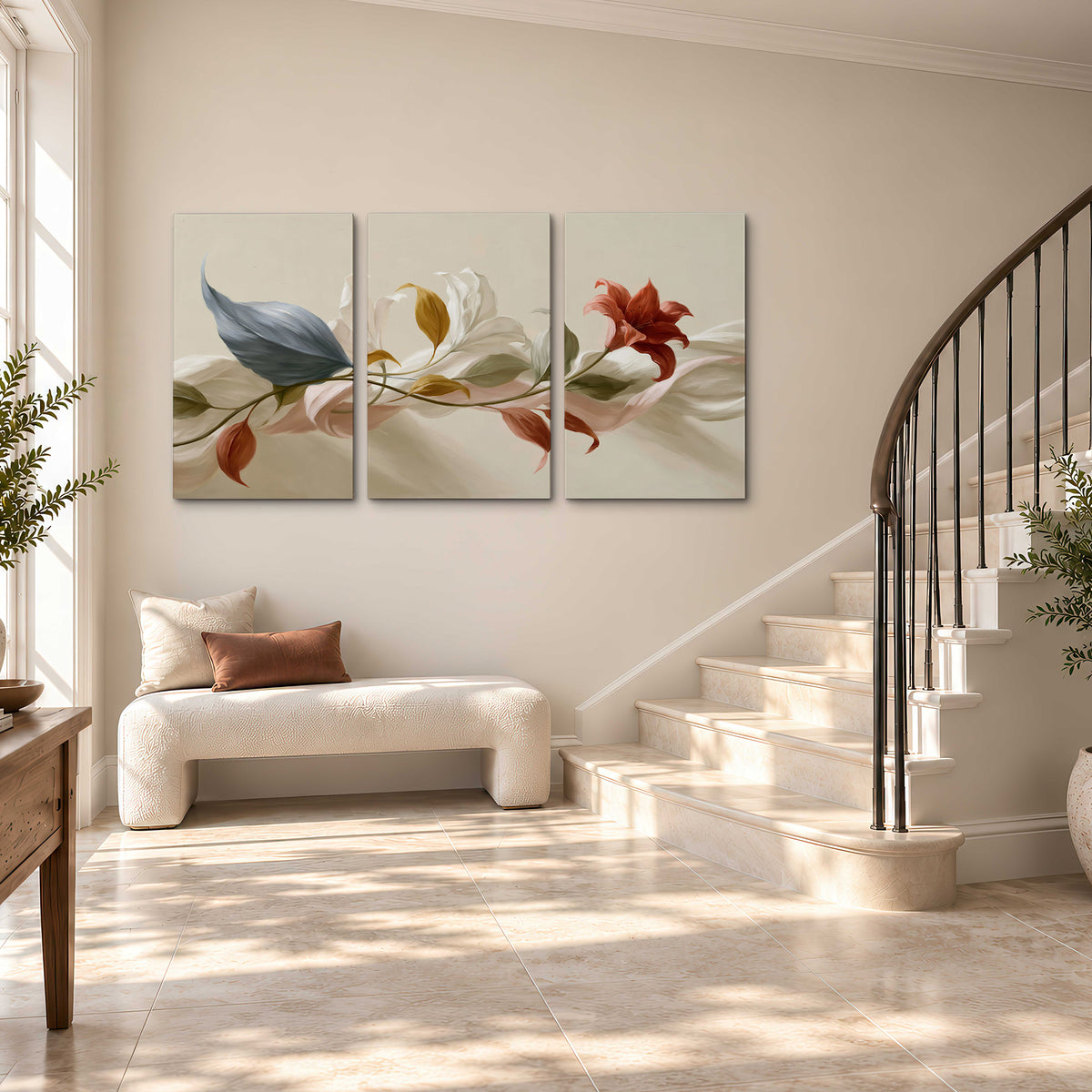 Ivory calla-like flowers and muted red accents curling across a cream background 3 piece canvas wall art styled in an interior