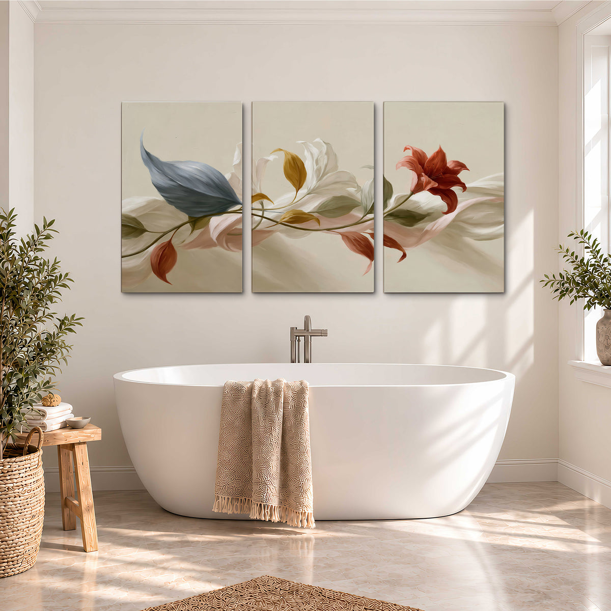 Ivory calla-like flowers and muted red accents curling across a cream background 3 piece canvas wall art styled in an interior