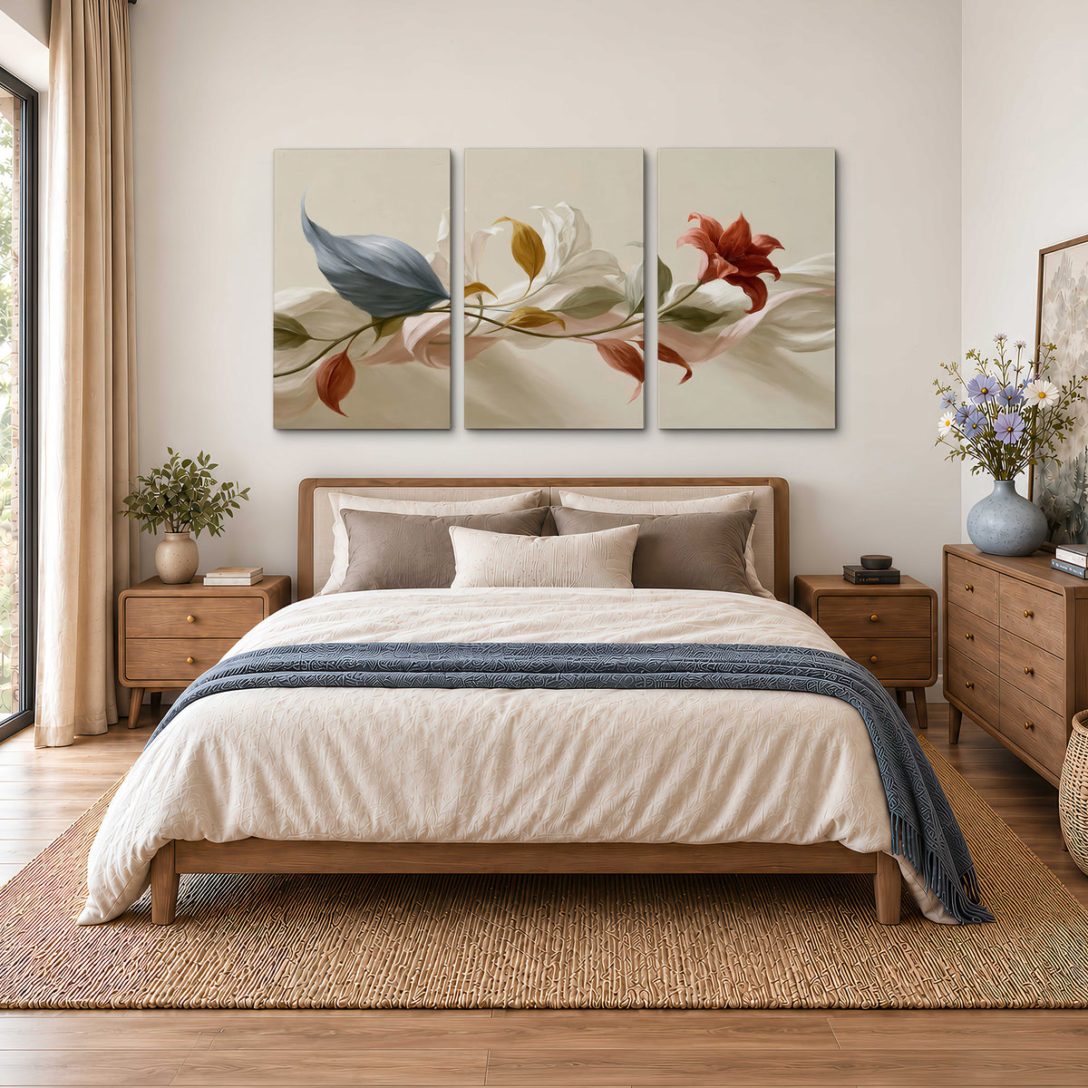 Ivory calla-like flowers and muted red accents curling across a cream background 3 piece canvas wall art styled in an interior