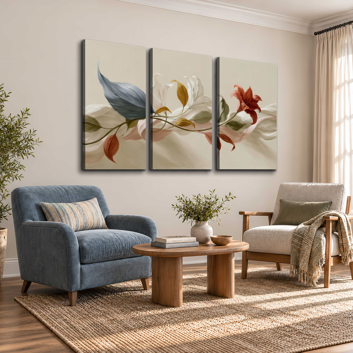 Ivory calla-like flowers and muted red accents curling across a cream background 3 piece canvas wall art styled in an interior