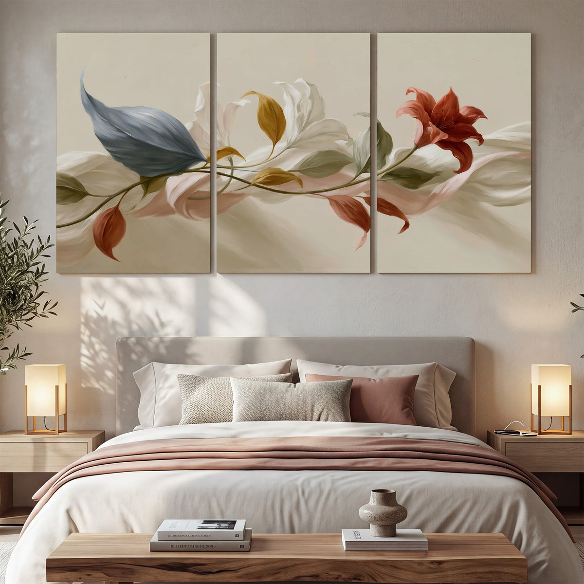 Ivory calla-like flowers and muted red accents curling across a cream background 3 piece canvas wall art displayed in a bedroom