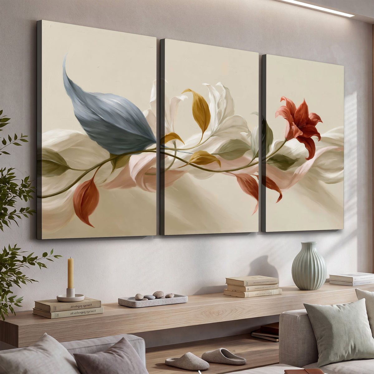 Ivory calla-like flowers and muted red accents curling across a cream background 3 piece canvas wall art displayed in a console
