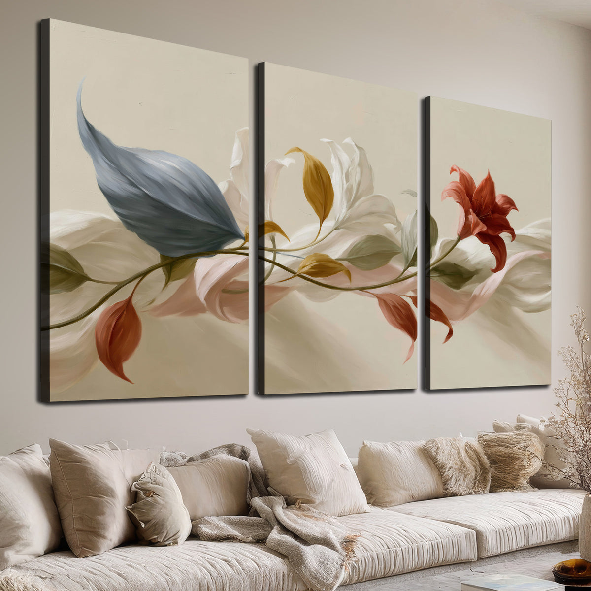 Ivory calla-like flowers and muted red accents curling across a cream background 3 piece canvas wall art room and product view