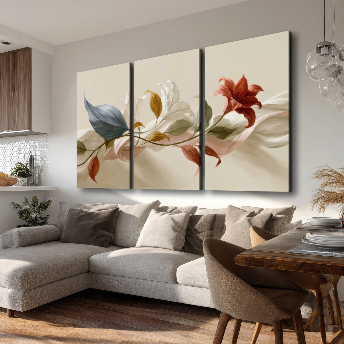 Ivory calla-like flowers and muted red accents curling across a cream background 3 piece canvas wall art room and product view
