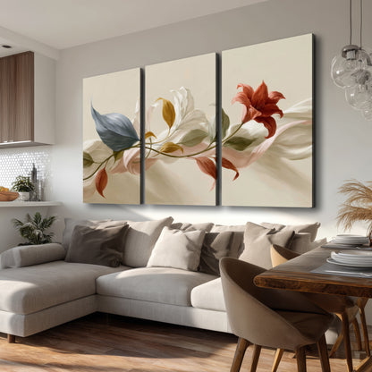 Ivory calla-like flowers and muted red accents curling across a cream background 3 piece canvas wall art room and product view