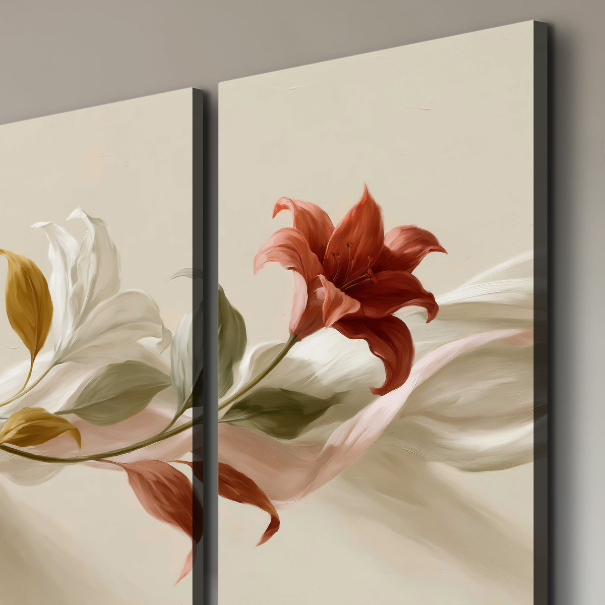 Ivory calla-like flowers and muted red accents curling across a cream background 3 piece canvas wall art room and product view
