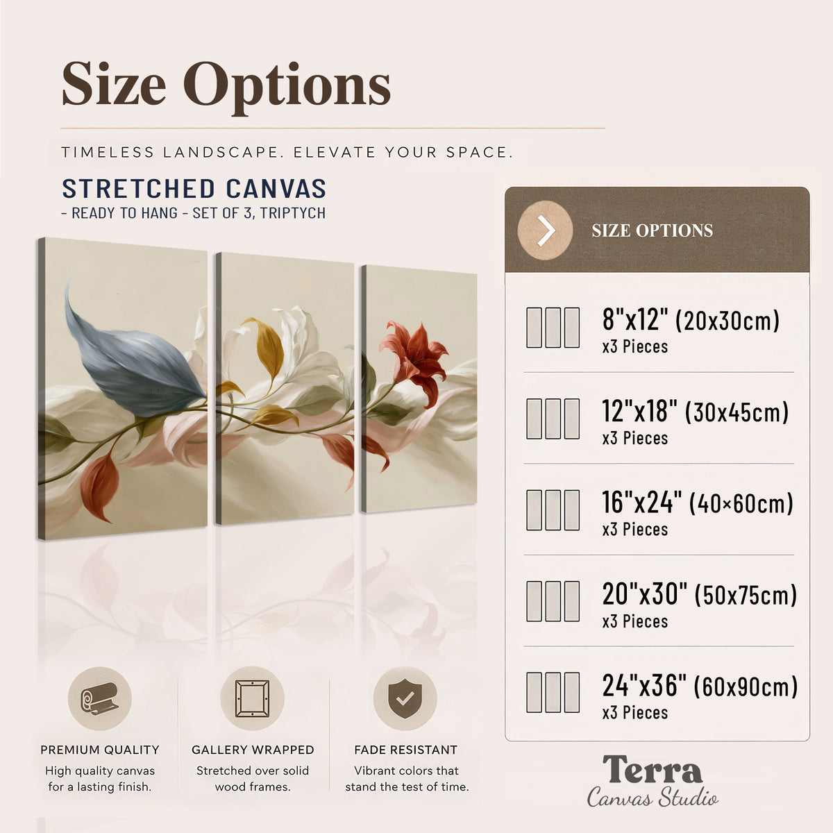 Ivory calla-like flowers and muted red accents curling across a cream background 3 piece canvas wall art available dimensions; triptych dimensions are per panel
