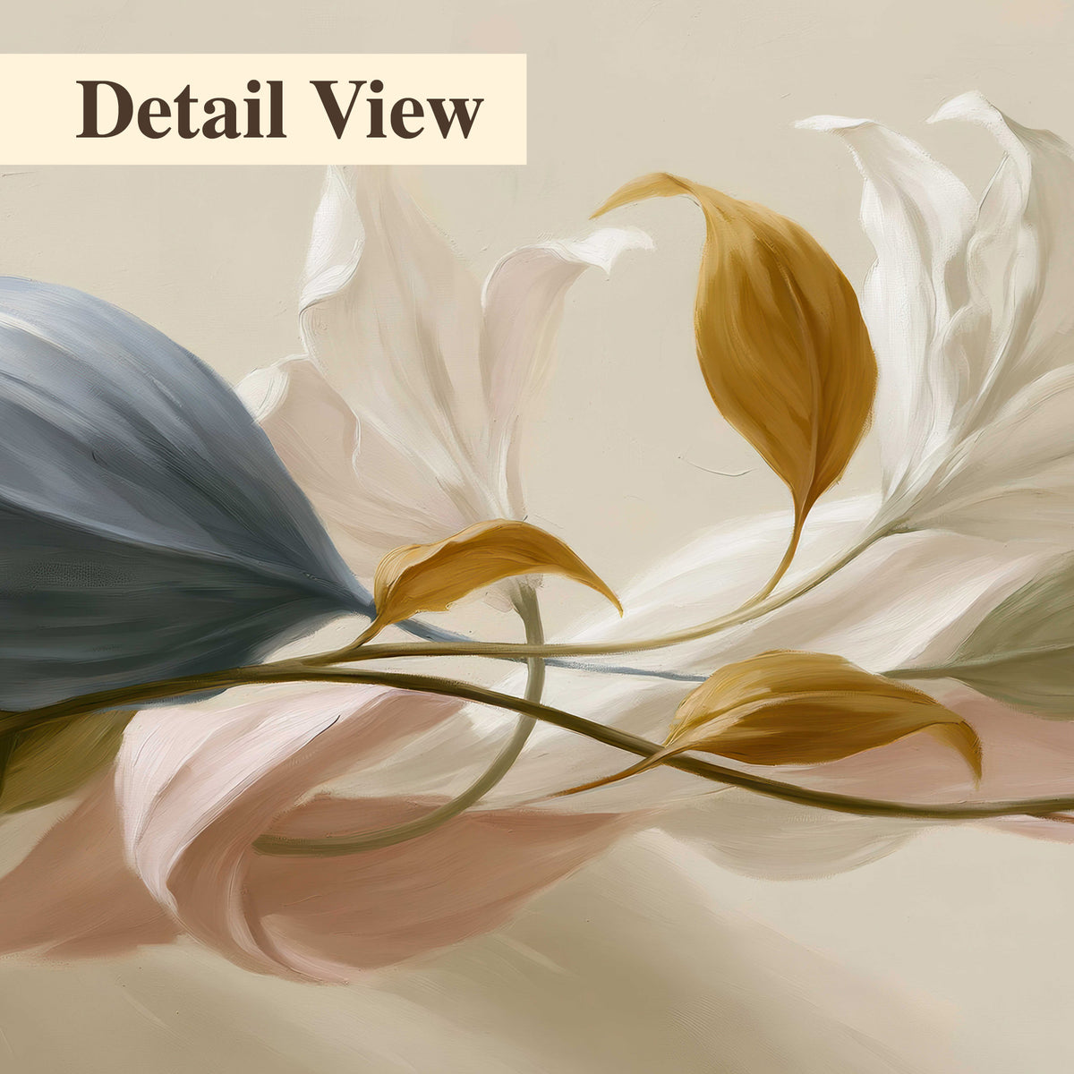 Ivory calla-like flowers and muted red accents curling across a cream background 3 piece canvas wall art artwork detail close up