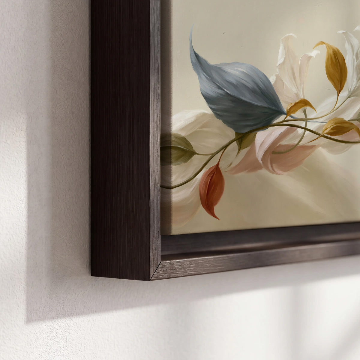 Ivory calla-like flowers and muted red accents curling across a cream background 3 piece framed canvas wall art material and edge close up