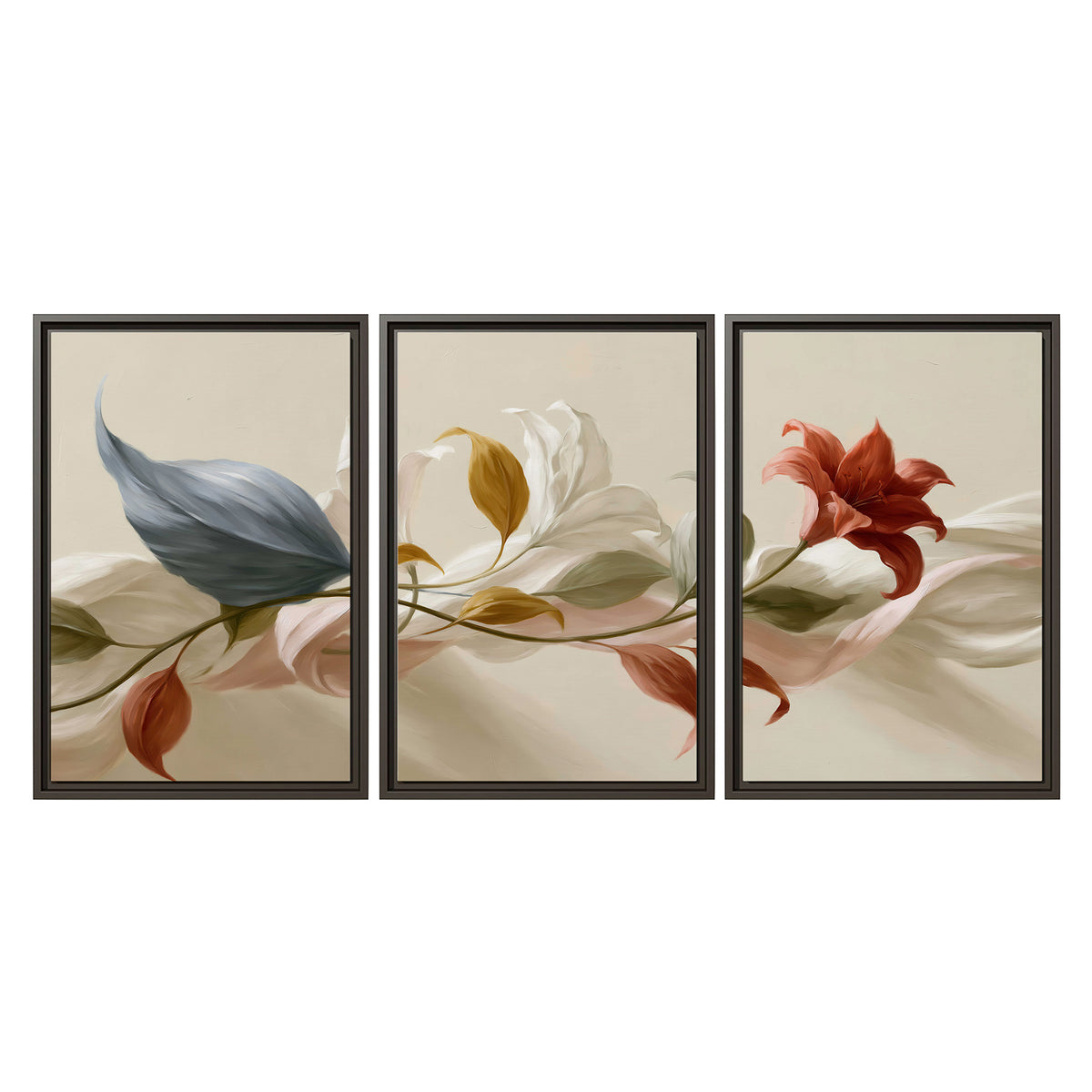 Ivory calla-like flowers and muted red accents curling across a cream background 3 piece framed canvas wall art viewed straight on