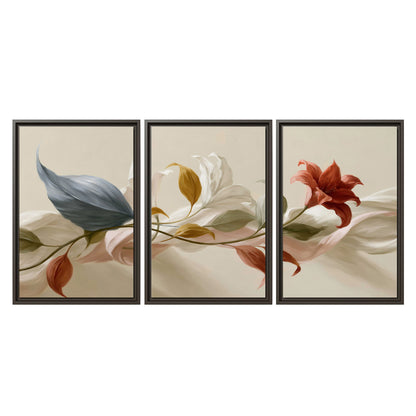Ivory calla-like flowers and muted red accents curling across a cream background 3 piece framed canvas wall art viewed straight on