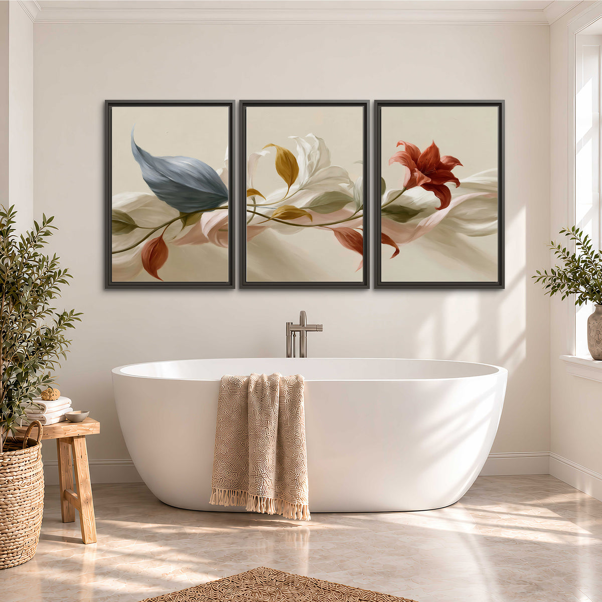 Ivory calla-like flowers and muted red accents curling across a cream background 3 piece framed canvas wall art styled in an interior