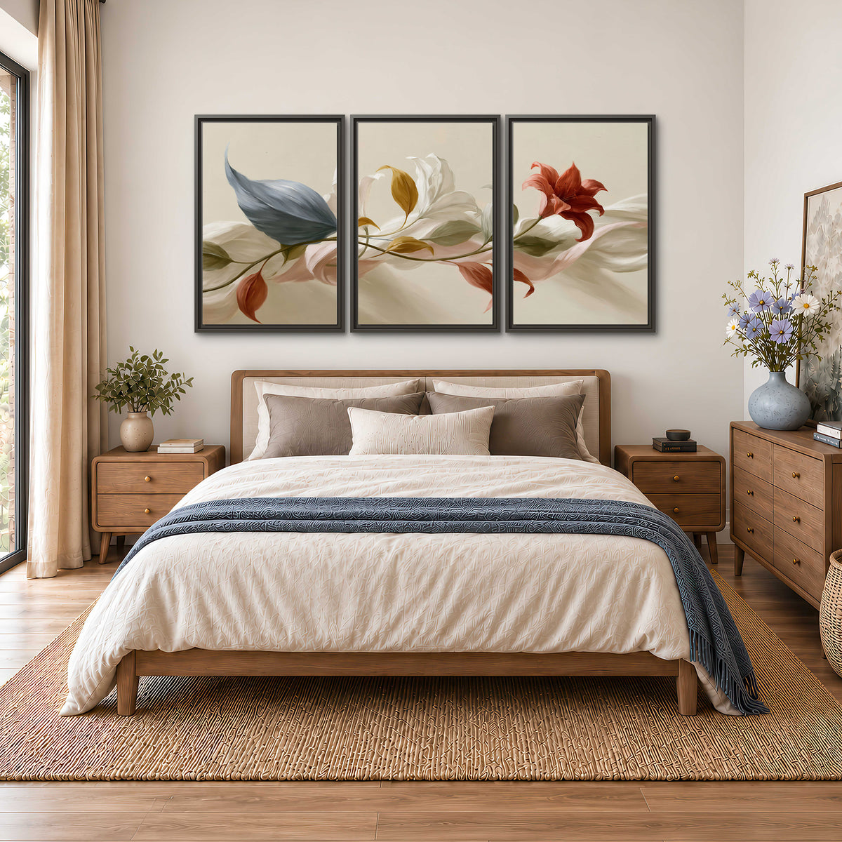 Ivory calla-like flowers and muted red accents curling across a cream background 3 piece framed canvas wall art styled in an interior