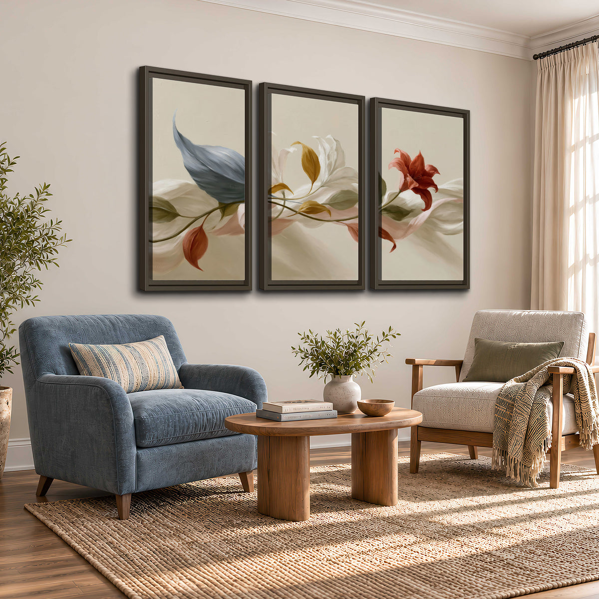 Ivory calla-like flowers and muted red accents curling across a cream background 3 piece framed canvas wall art styled in an interior
