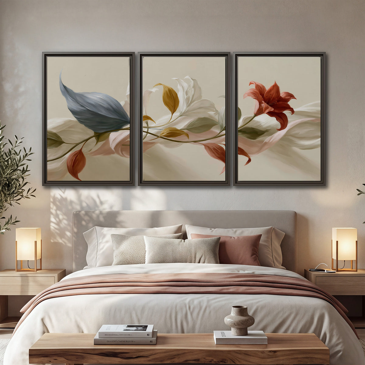 Ivory calla-like flowers and muted red accents curling across a cream background 3 piece framed canvas wall art displayed in a bedroom