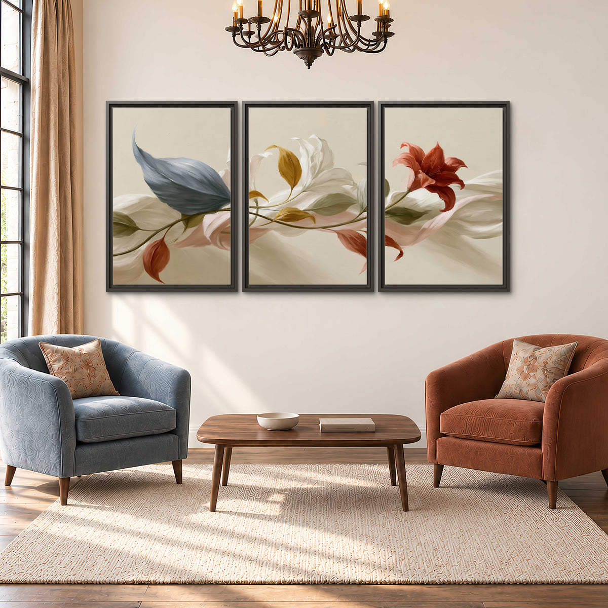 Ivory calla-like flowers and muted red accents curling across a cream background 3 piece framed canvas wall art styled in an interior