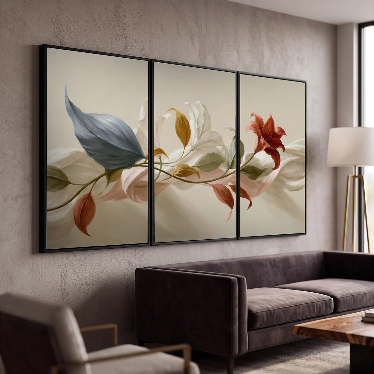 Ivory calla-like flowers and muted red accents curling across a cream background 3 piece framed canvas wall art displayed in a modern living room