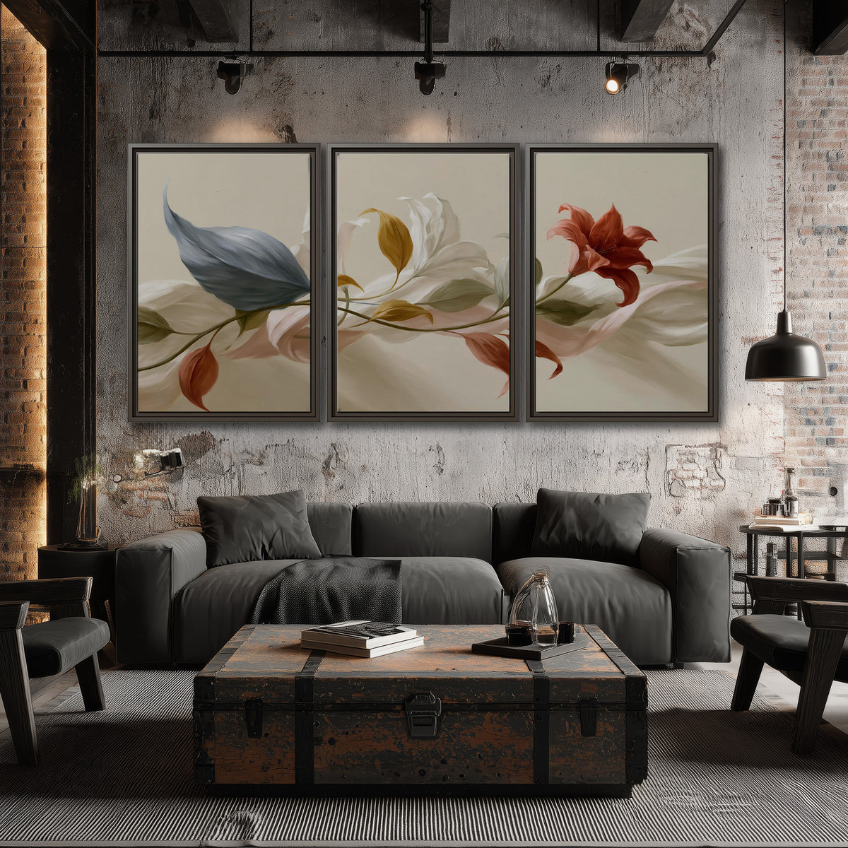 Ivory calla-like flowers and muted red accents curling across a cream background 3 piece framed canvas wall art displayed in a industrial room