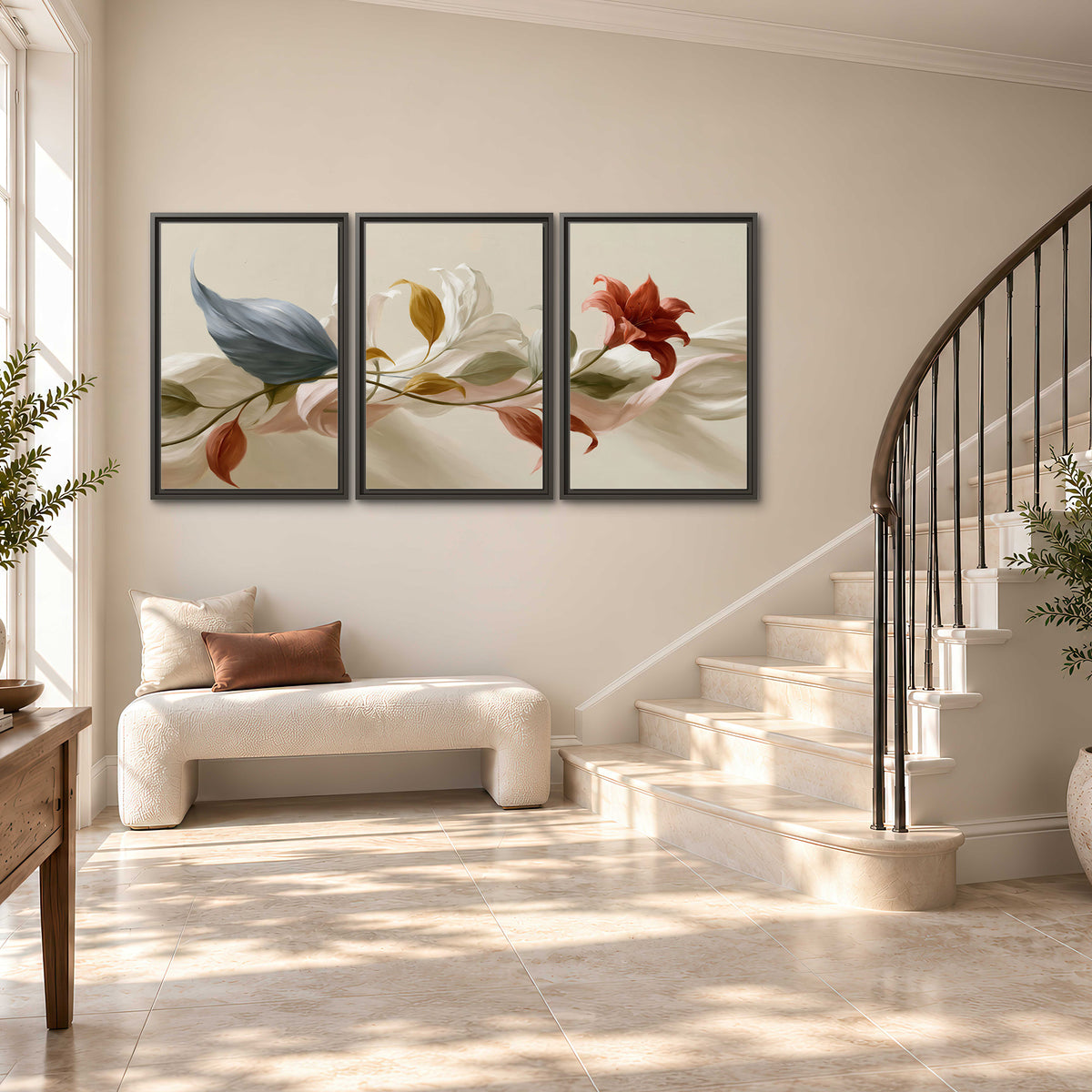 Ivory calla-like flowers and muted red accents curling across a cream background 3 piece framed canvas wall art styled in an interior