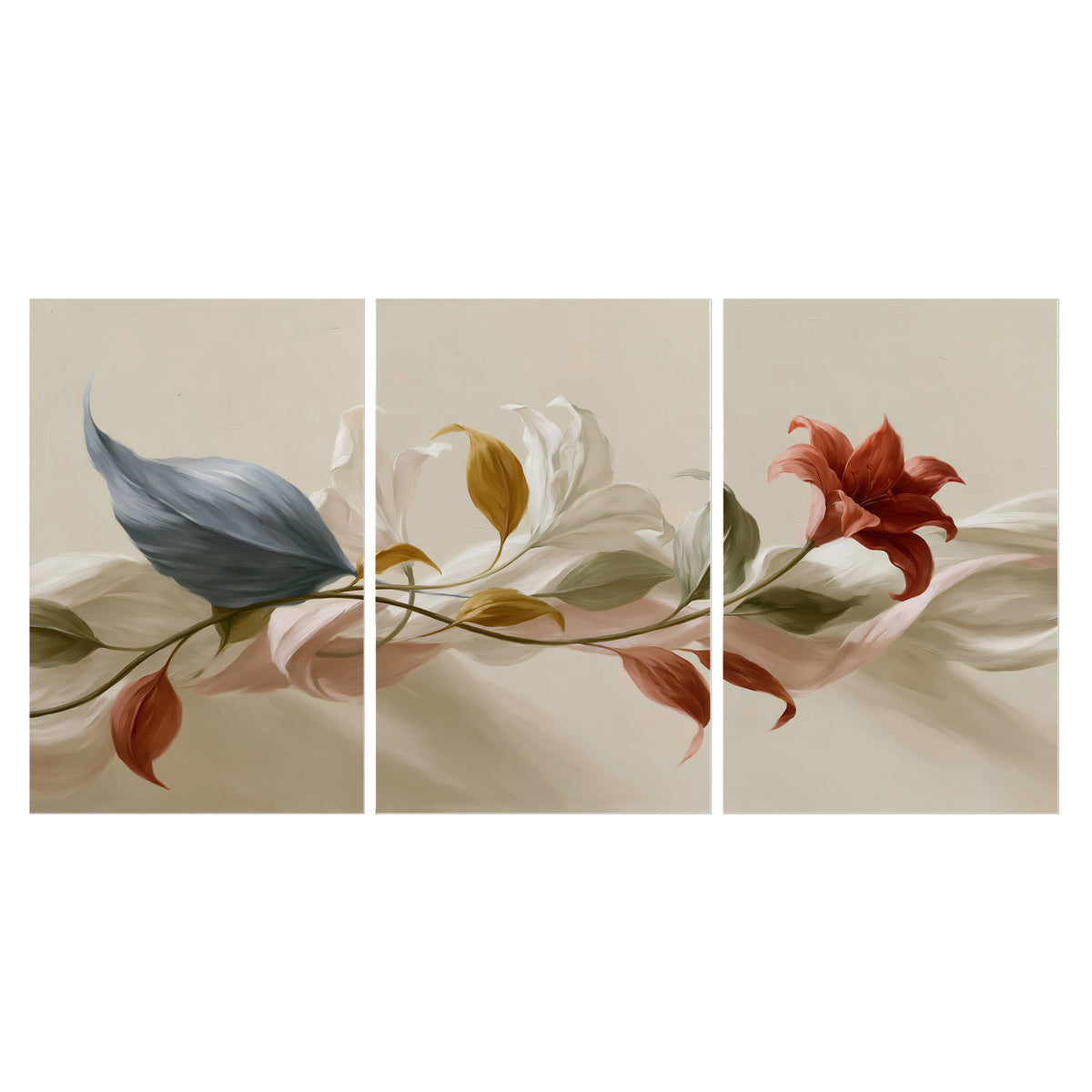 Ivory calla-like flowers and muted red accents curling across a cream background set of 3 poster prints viewed straight on
