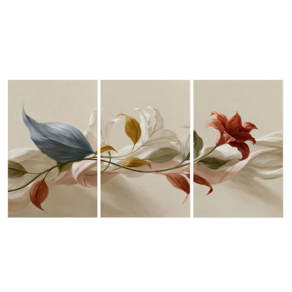 Ivory calla-like flowers and muted red accents curling across a cream background set of 3 poster prints viewed straight on