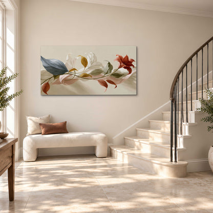 Ivory calla-like flowers and muted red accents curling across a cream background single canvas wall art styled in an interior