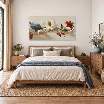 Ivory calla-like flowers and muted red accents curling across a cream background single canvas wall art styled in an interior