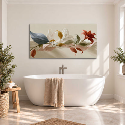 Ivory calla-like flowers and muted red accents curling across a cream background single canvas wall art styled in an interior