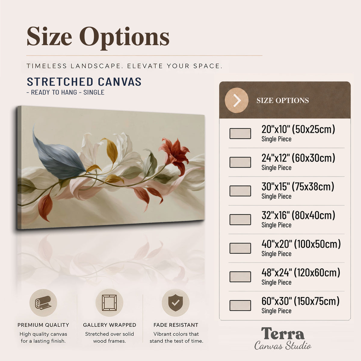 Ivory calla-like flowers and muted red accents curling across a cream background single canvas wall art available dimensions