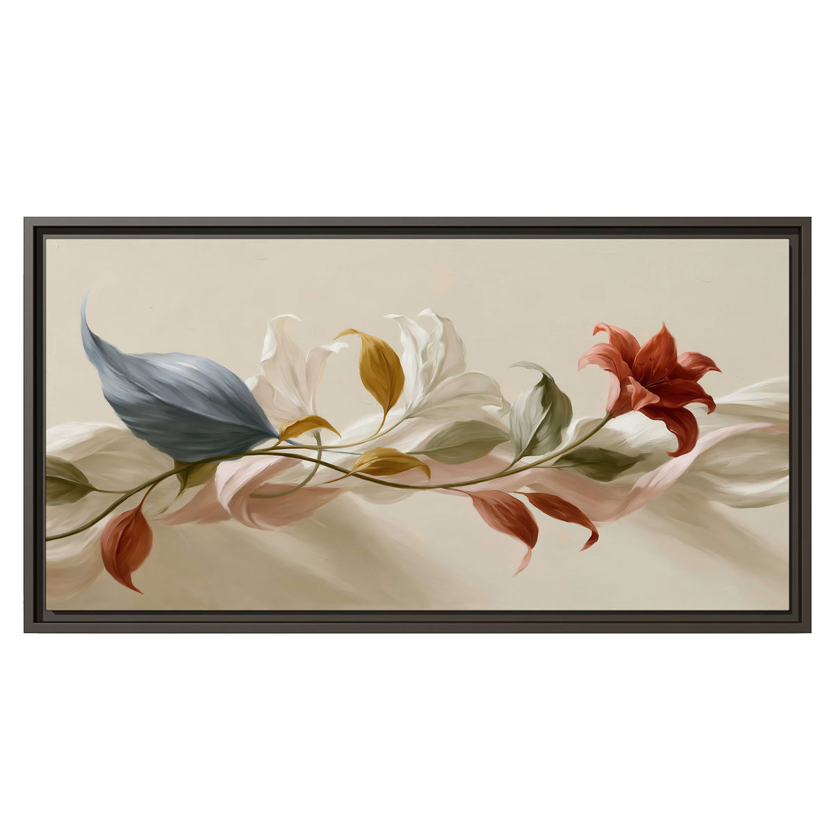 Ivory calla-like flowers and muted red accents curling across a cream background single framed canvas wall art viewed straight on