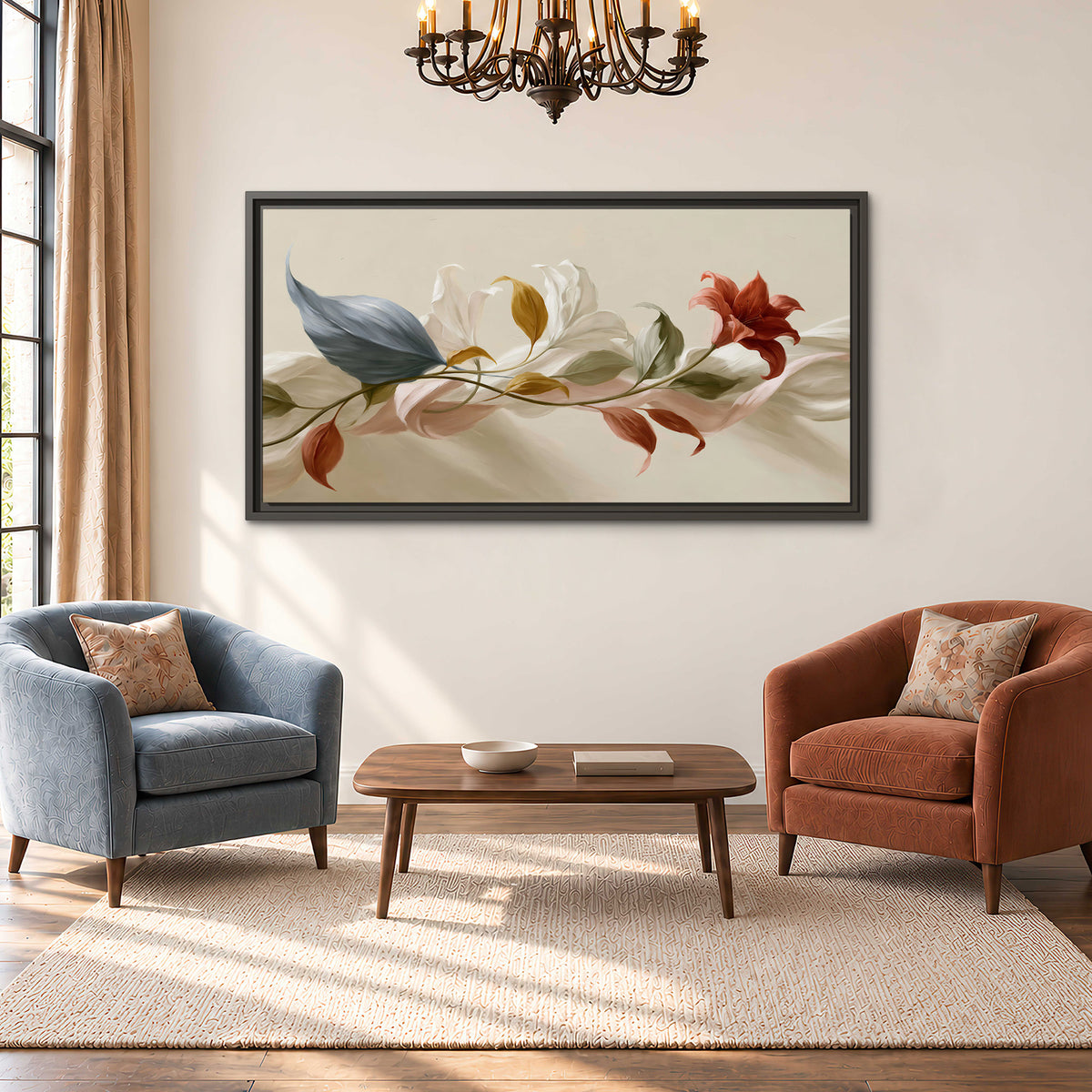 Ivory calla-like flowers and muted red accents curling across a cream background single framed canvas wall art styled in an interior