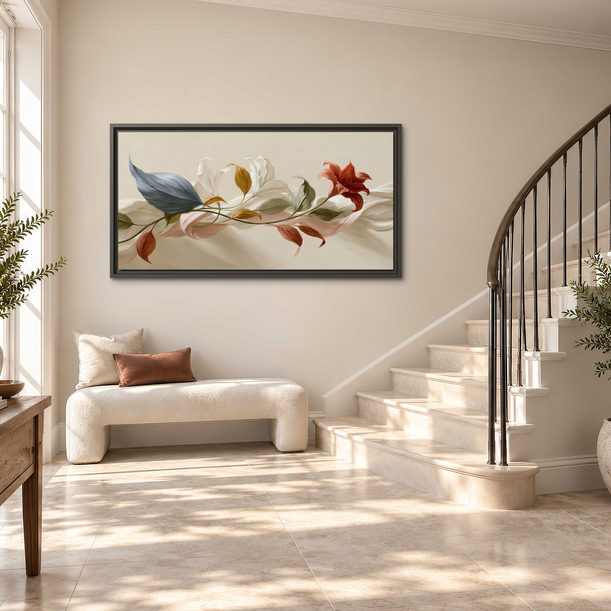 Ivory calla-like flowers and muted red accents curling across a cream background single framed canvas wall art styled in an interior