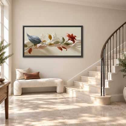 Ivory calla-like flowers and muted red accents curling across a cream background single framed canvas wall art styled in an interior