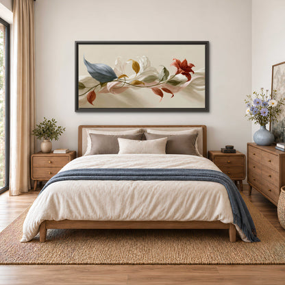 Ivory calla-like flowers and muted red accents curling across a cream background single framed canvas wall art styled in an interior