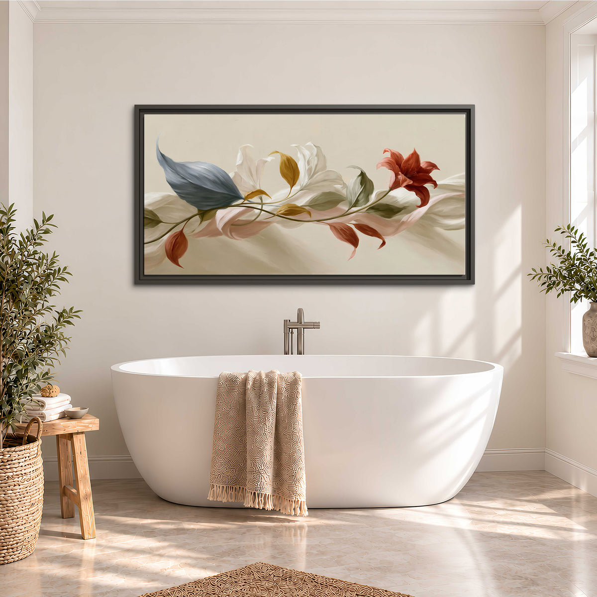 Ivory calla-like flowers and muted red accents curling across a cream background single framed canvas wall art styled in an interior