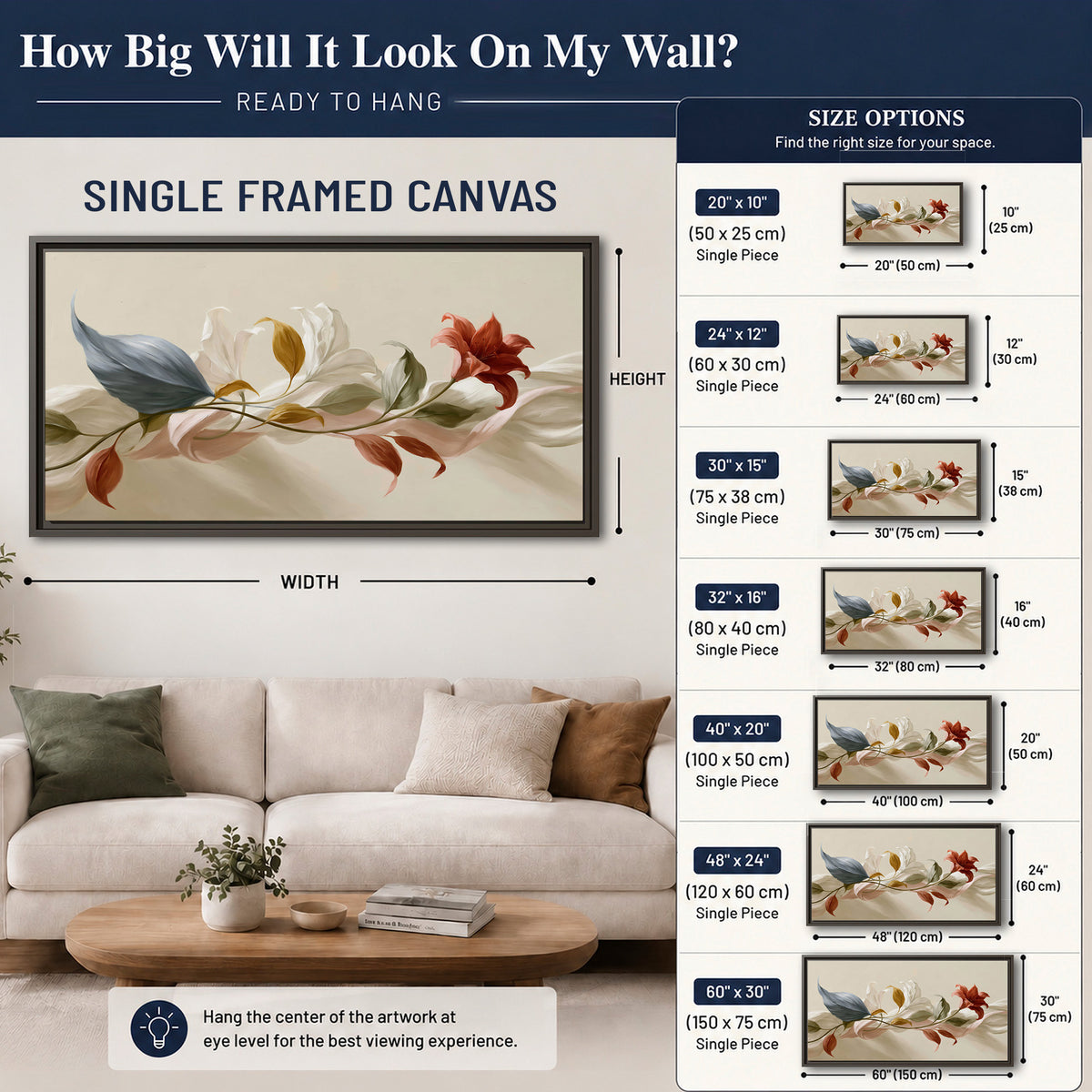 Ivory calla-like flowers and muted red accents curling across a cream background single framed canvas wall art size guide above a sofa; room view is illustrative