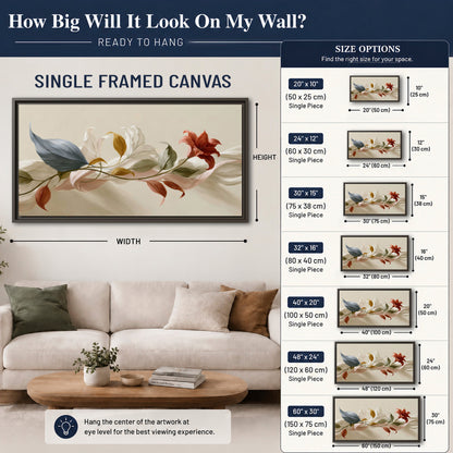 Ivory calla-like flowers and muted red accents curling across a cream background single framed canvas wall art size guide above a sofa; room view is illustrative