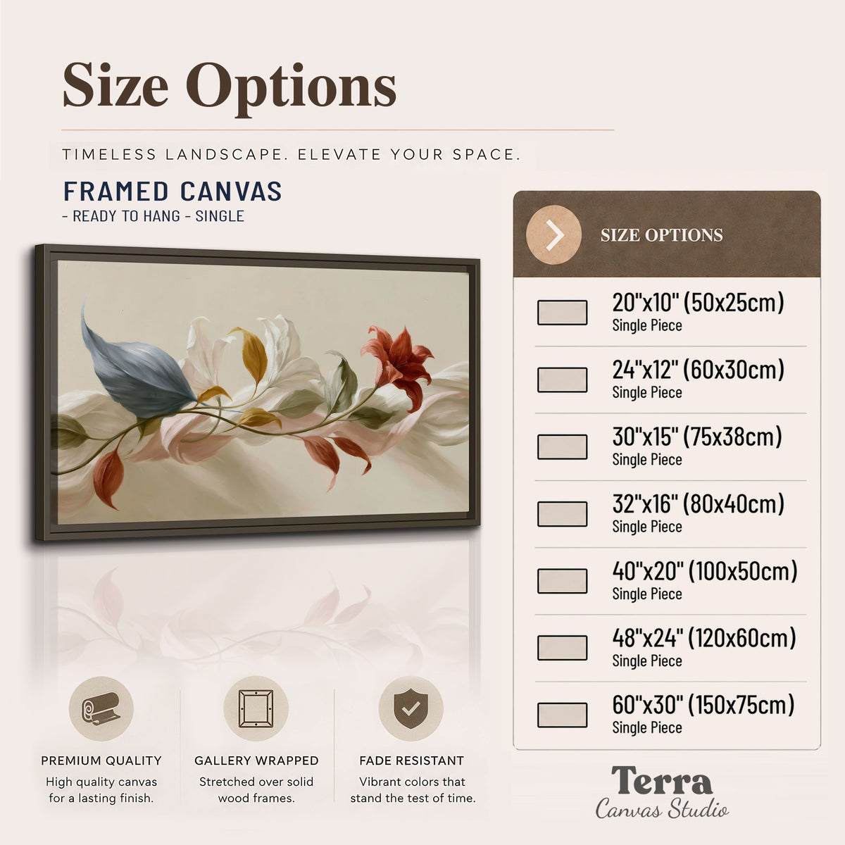 Ivory calla-like flowers and muted red accents curling across a cream background single framed canvas wall art available dimensions