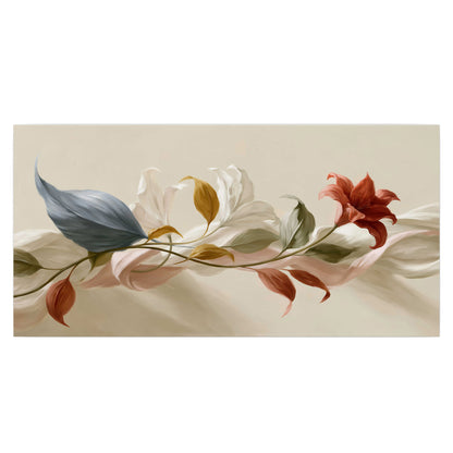 Ivory calla-like flowers and muted red accents curling across a cream background single poster print viewed straight on