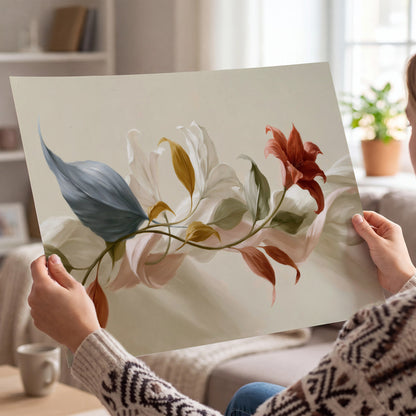 Ivory calla-like flowers and muted red accents curling across a cream background single poster print held in hands