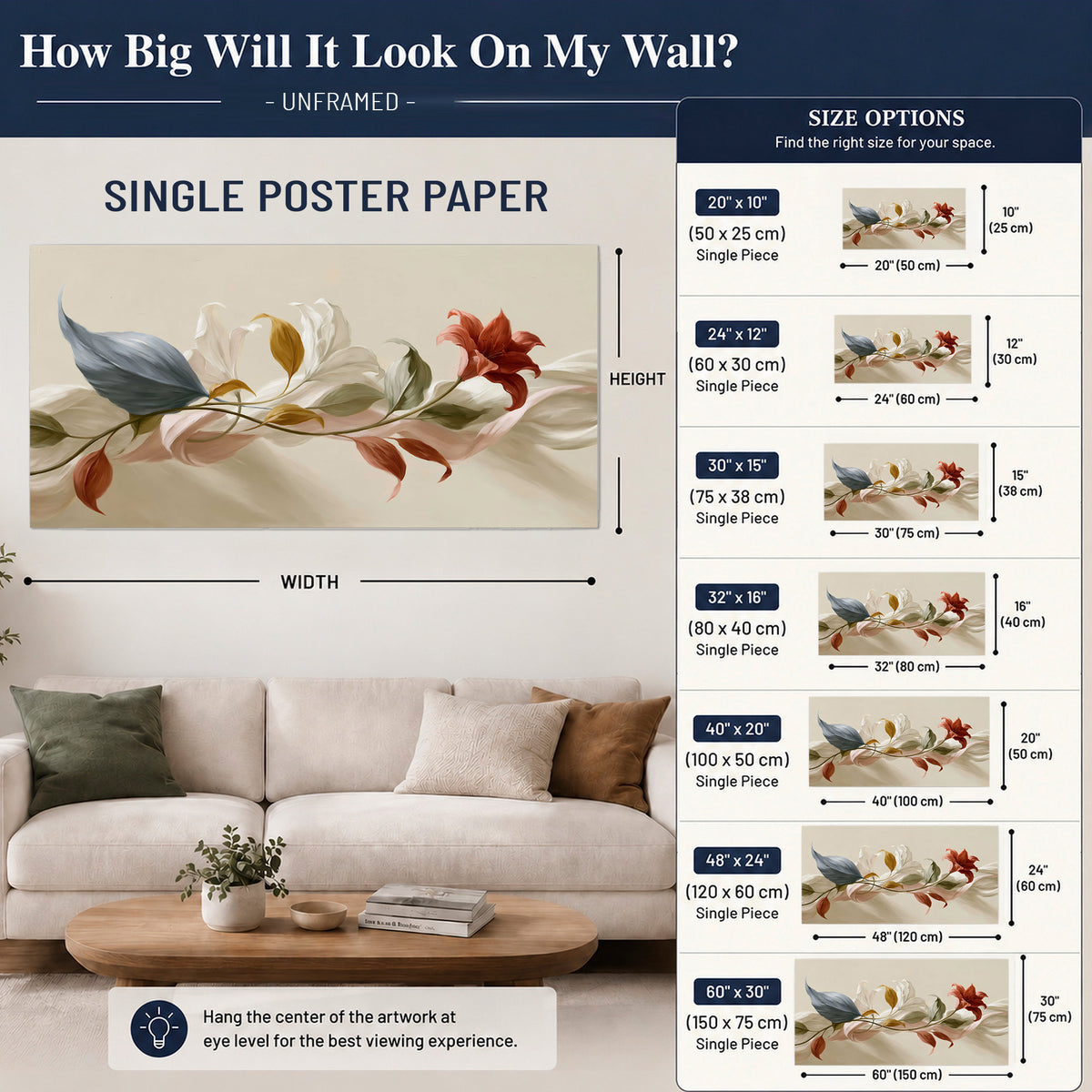 Ivory calla-like flowers and muted red accents curling across a cream background single poster print size guide above a sofa; room view is illustrative